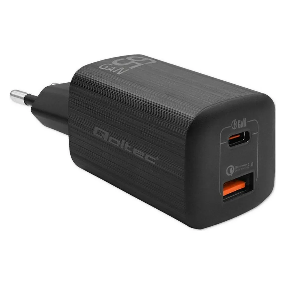 Fuente de Alimentación Qoltec 65W Modelo 50766 Carga Rápida USB-C y USB-A Negra