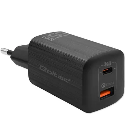 Fuente de Alimentación Qoltec 65W Modelo 50766 Carga Rápida USB-C y USB-A Negra
