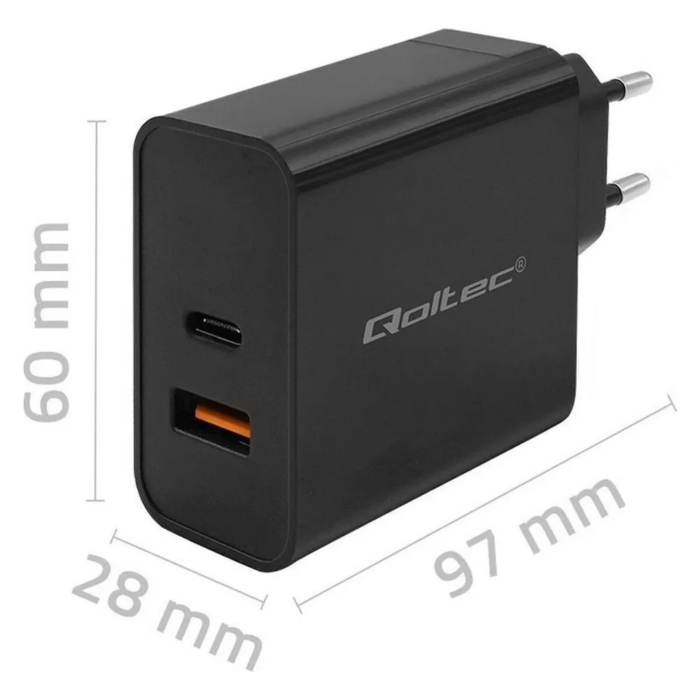 Qoltec Ładowarka Super Quick PD 90W 5-20V 2.4-4.35A 1xUSB typ C 1xUSB A Czarna