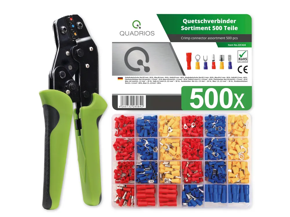 QUADRIOS Multifunktions-Crimpzange, isolierte Kabelschuhe mit Quetschverbinder-Set, 500 Stück