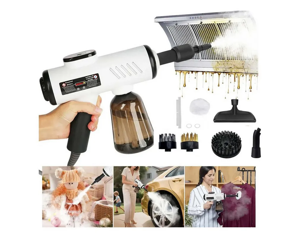 QUBEBU Handdampfreiniger Multifunktions-Dampfreiniger Handgerät Mit 9 Zubehörteilen 1.8m Kabel, 1200 W, Flächenleistung: 40 m², Hand-Dampfreiniger für alles – Polstermöbel, Fliesen, Böden