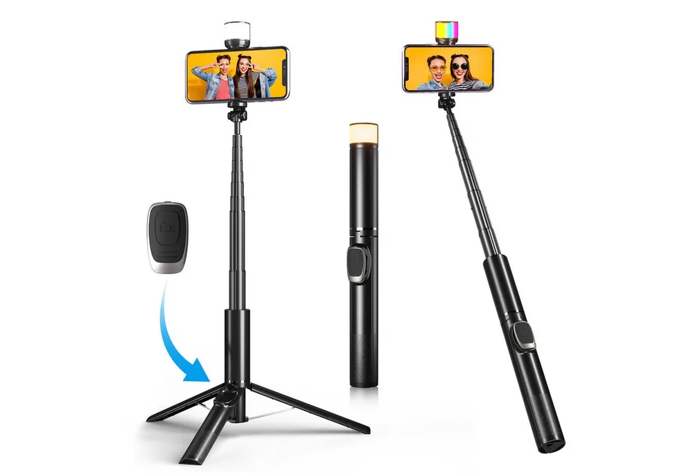 Quntis 3 in 1 selfie stick mit fernbedienung handyhalterung mit RGB fülllicht Kamerastativ (Kamera Stativ für die fotografie Vlog 360° Drehbar urlaub must haves)