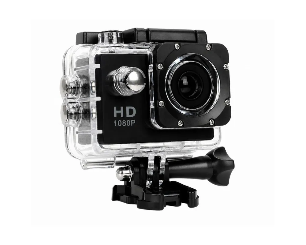 R2 Invest Sportkamera 1080p Schwarz Action Cam mit 2 Zoll Display und Zubehör Action Cam