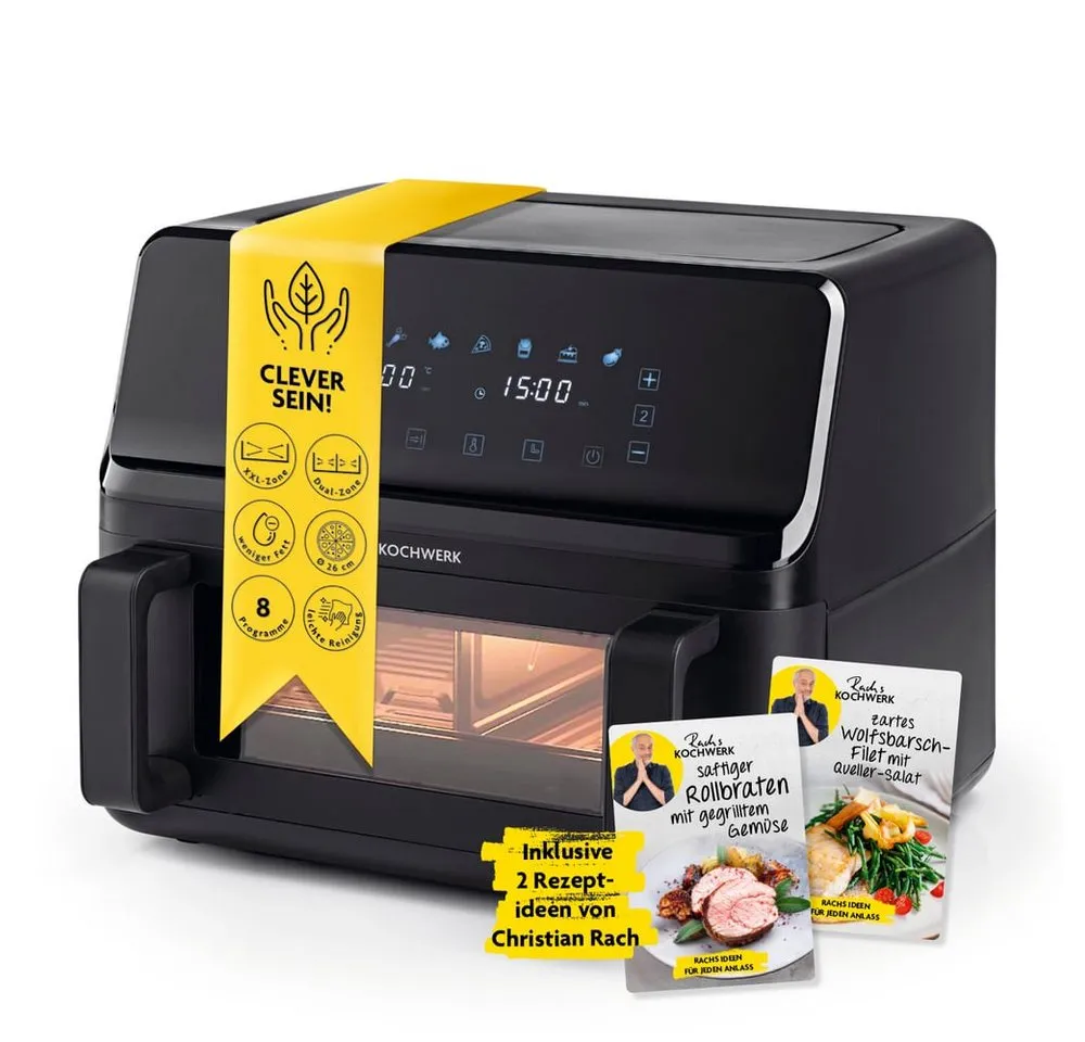 Rachs KOCHWERK Heißluftfritteuse Doppelkammer 9l 8 Programme, 2700 W, Airfryer Frittieren Backen Speisen ohne Öl fettarm 2700W Smart-Cook