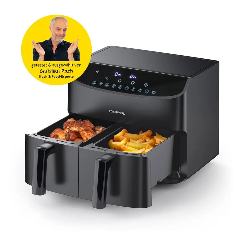 Rachs KOCHWERK Heißluftfritteuse Doppelkammer 7L digitaler Airfryer mit Touch, 2400 W, 10 Programme & 2 3,5L Kammern, Smart-Cook Funktion