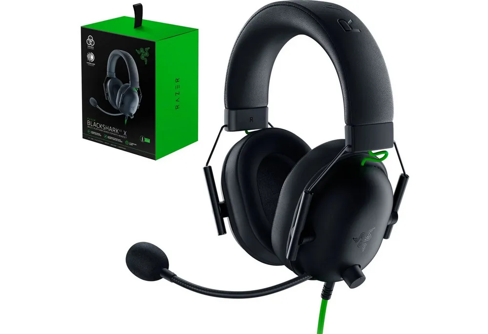RAZER Blackshark V2 X Over-ear Gaming Headset Schwarz Grün Gaming-Headset (Headset mit Mikrofon, Atmungsaktive Ohrpolster)
