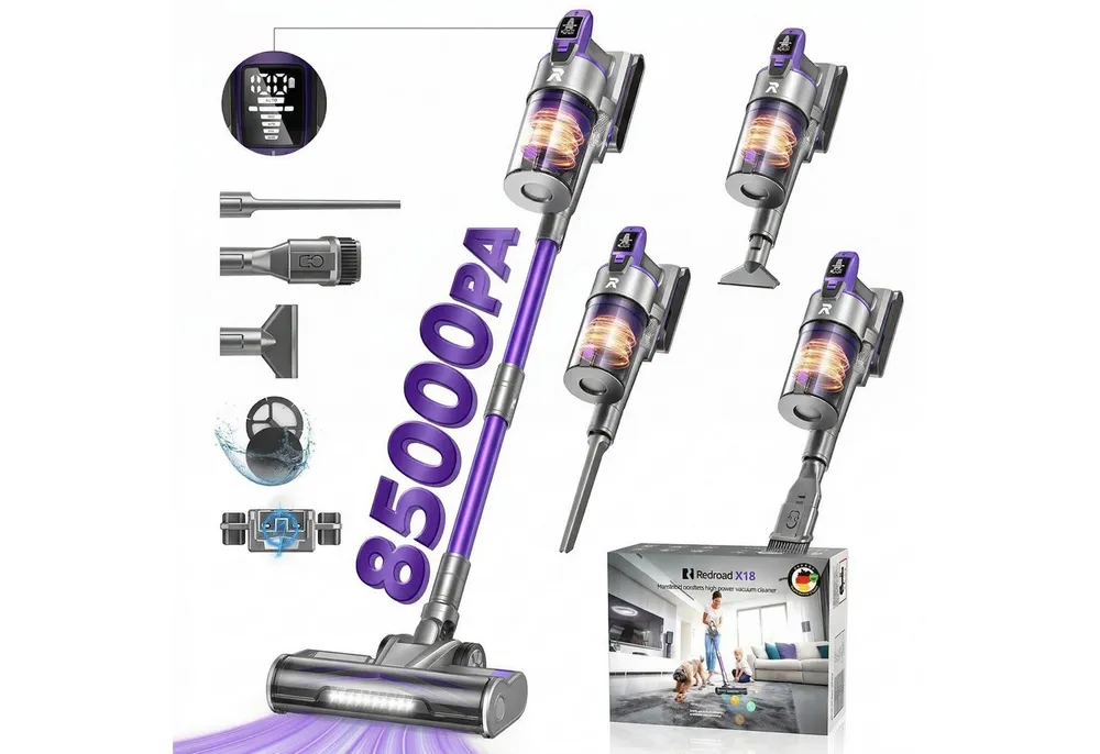 Redkey Hand-und Stielstaubsauger 2026 AkkuStaubsauger 85000Pa/500W/100 Akku-Hand-und Stielstaubsauger, 500 W, mit Beutel, Ultraleiser, kabelloser Stabstaubsauger mit intelligentem Display