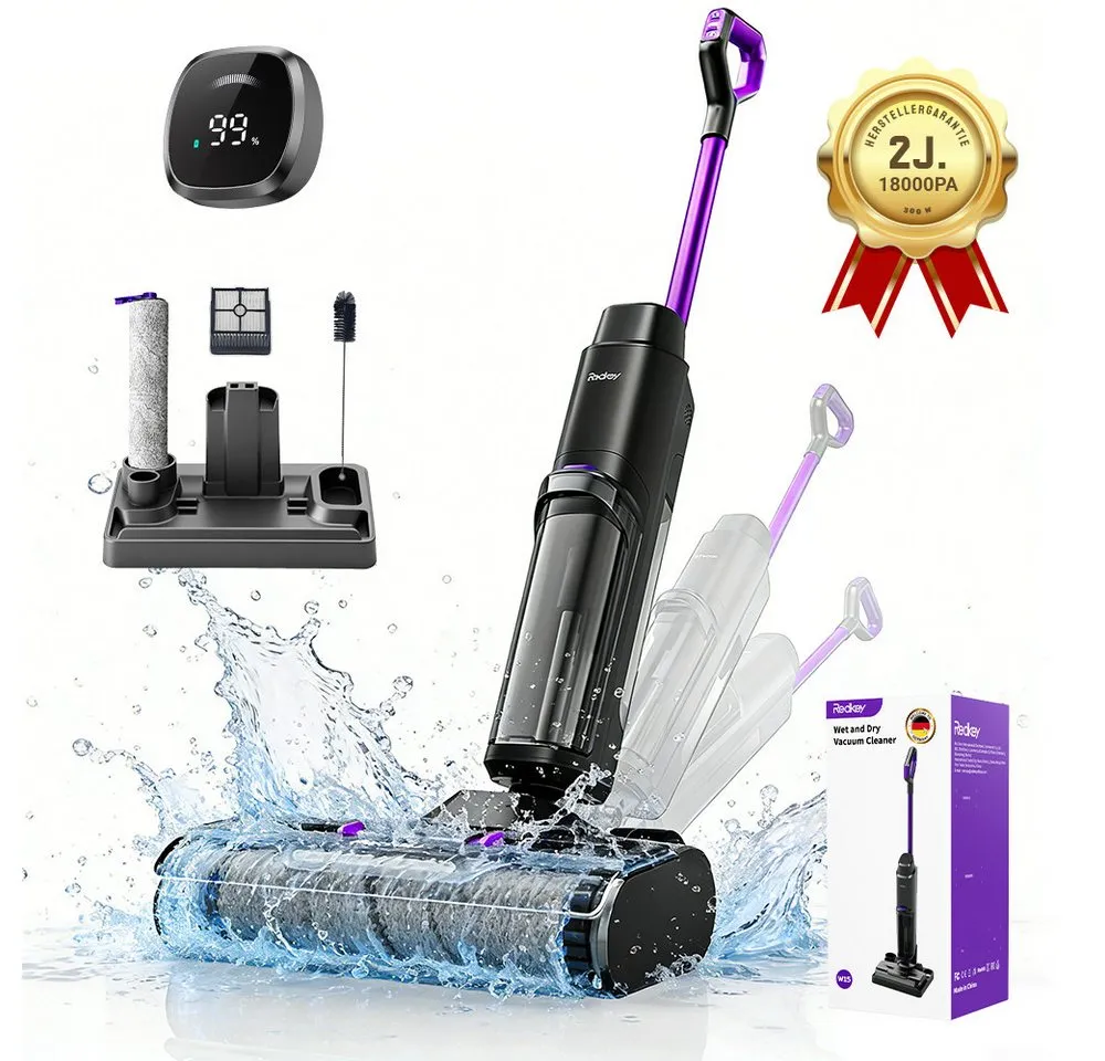 Redkey Nass-Trocken-Akkusauger 2026 Nass Trockensauger 18000Pa Nass-Trocken-Staubsauger Smart 3 in 1, 300 W, 65dB leise/11-Stufen-Filter/OLED Display/Fliesen/Marmor