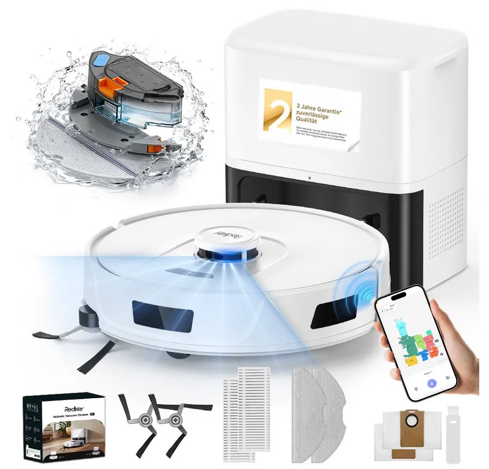 Redkey Saugroboter 25000 Pa 2026 Saugroboter mit Wischfunktion und Absaugstation AI App, 880 W, mit Beutel, mit Staubabsaug-undSelbstreinigungsfunktion, Appsteuerung