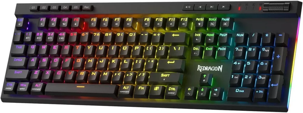 Redragon K580 Mechanische Tastatur, RGB, 2,4 GHz/Bluetooth/Kabelgebunden Gaming-Tastatur (rote Schalter, Schwarz)