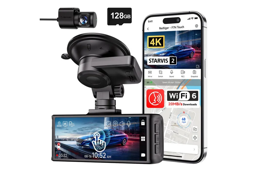 REDTIGER 4K+1080P Duale Autokamera mit 170° Weitwinkel, WDR Nachtsicht, GPS Dashcam (WLAN (Wi-Fi), Parküberwachung & 128GB-Karte inklusive)