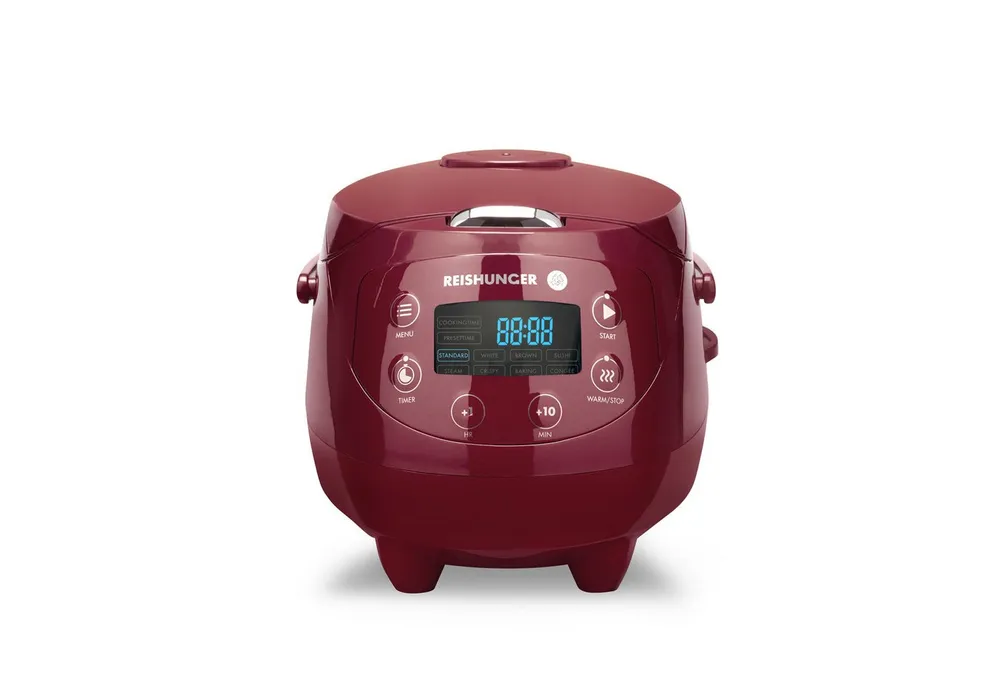 Reishunger Reiskocher - Digitaler Mini Reiskocher, 350 W, Dämpfeinsatz, Messbecher, Reislöffel, Timer- und Warmhaltefunktion