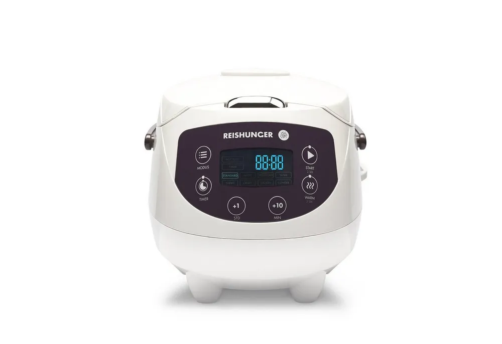 Reishunger Reiskocher - Digitaler Mini Reiskocher, 350 W, Dämpfeinsatz, Messbecher, Reislöffel, Timer- und Warmhaltefunktion