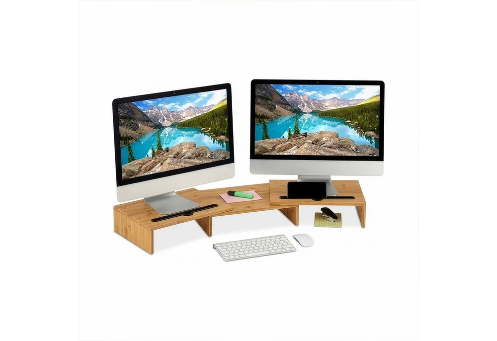 relaxdays Monitorständer für 2 Monitore Bambus