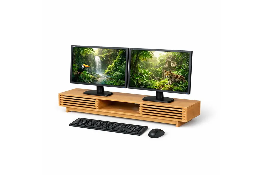 relaxdays Monitorständer mit 3 Fäch, (natur)