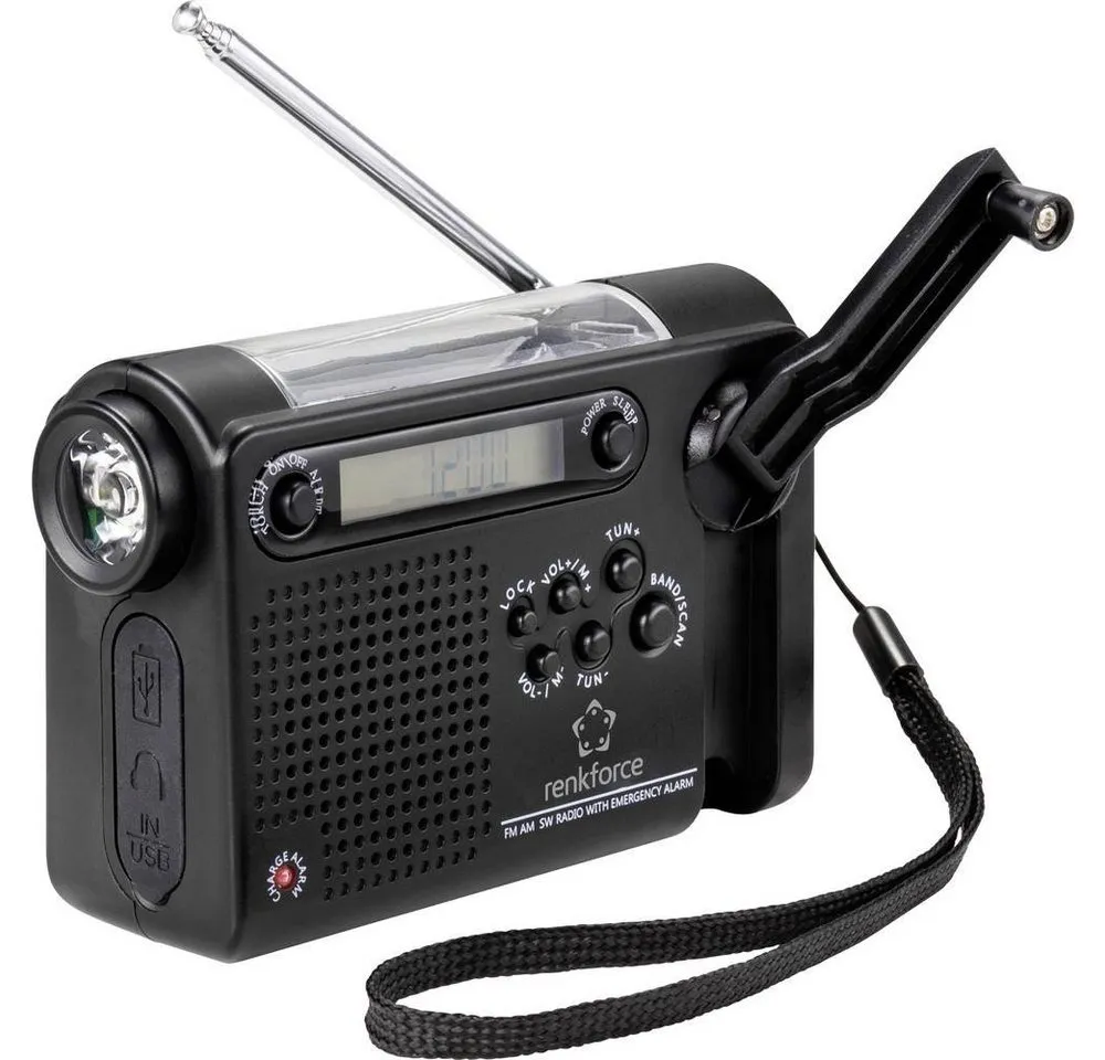 Renkforce Notfall-Kurbelradio (UKW/MW/KW RF-4694806 Radio (wiederaufladbar, Solarpanel, Handkurbel, Weckfunktion, Taschenlampe)