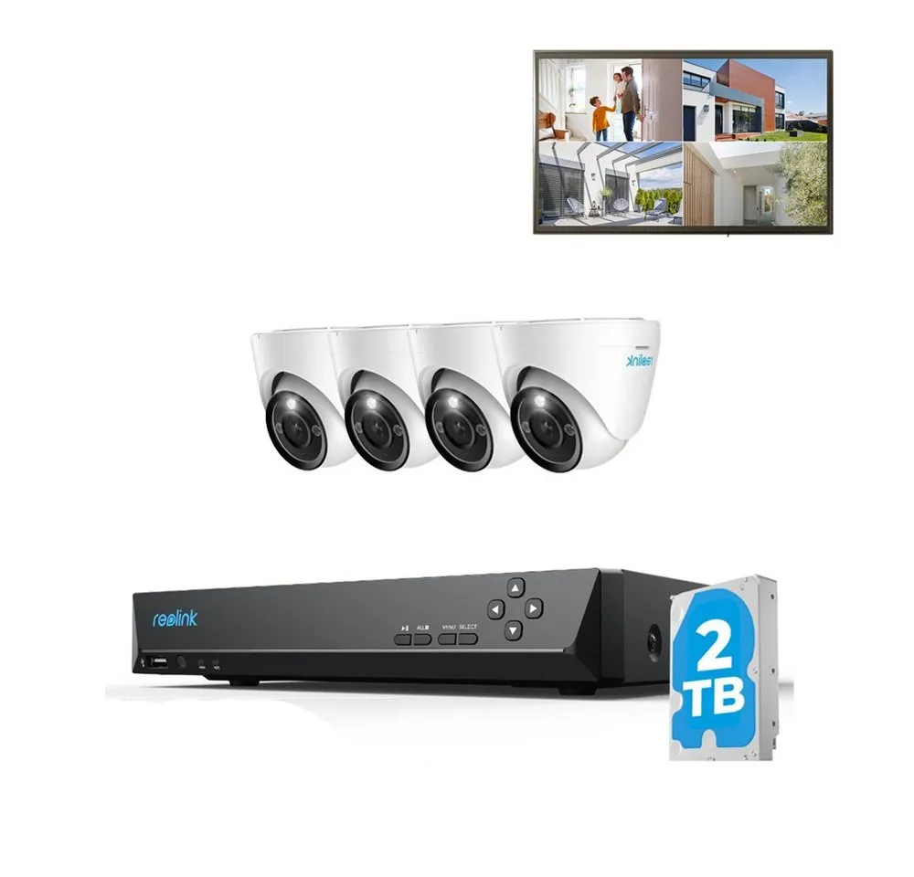 Reolink Überwachungskamera 12 MP Ultra HD PoE (Außenbereich, Innenbereich, 8-Kanal NVR mit 2TB HDD und 4 Dome Kameras, Zwei-Wege-Audio,Farb-Nachtsicht,Dauernde 24/7 Aufzeichnung)