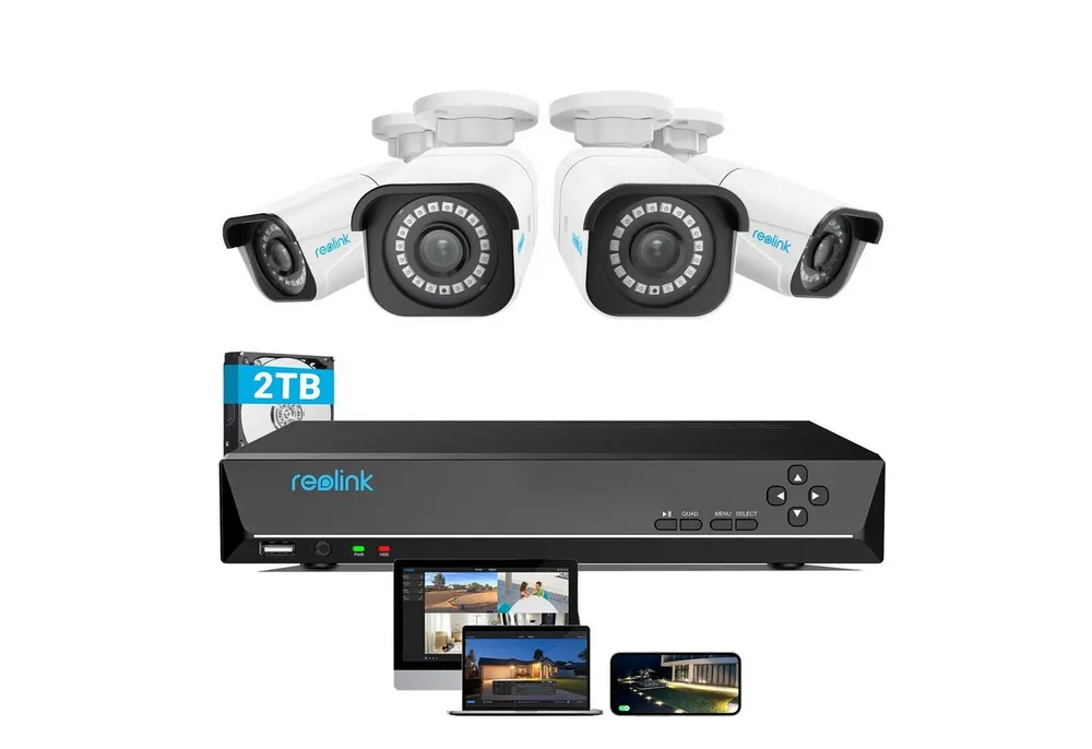 Reolink Überwachungskamera 8MP 4K PoE (Innenbereich, Außenbereich, 4X 8MP PoE IP Kamera und 2TB HDD 8CH NVR, 24/7 Videoüberwachung,IP66 Wetterschutz,Personener-Fahrzeugerkennung)