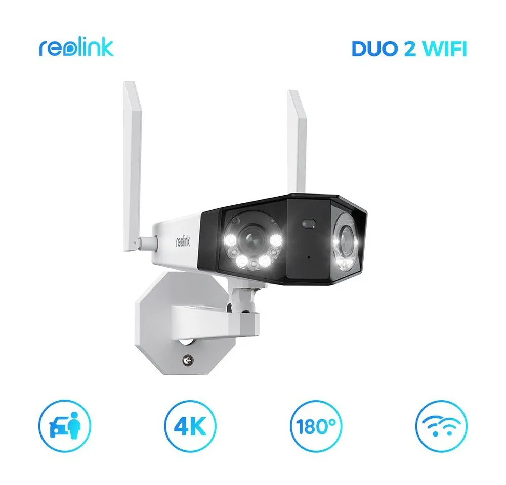 Reolink Überwachungskamera Duo 2 WiFi 8MP 2,4/5 GHz WLAN IP (Außen, Set, Dual-Lens, 180° Ultra-Weitwinkel, Person-/Fahrzeug-/Haustier-Erkennung, Farbnachtsicht, 2-Wege-Audio, IP66)