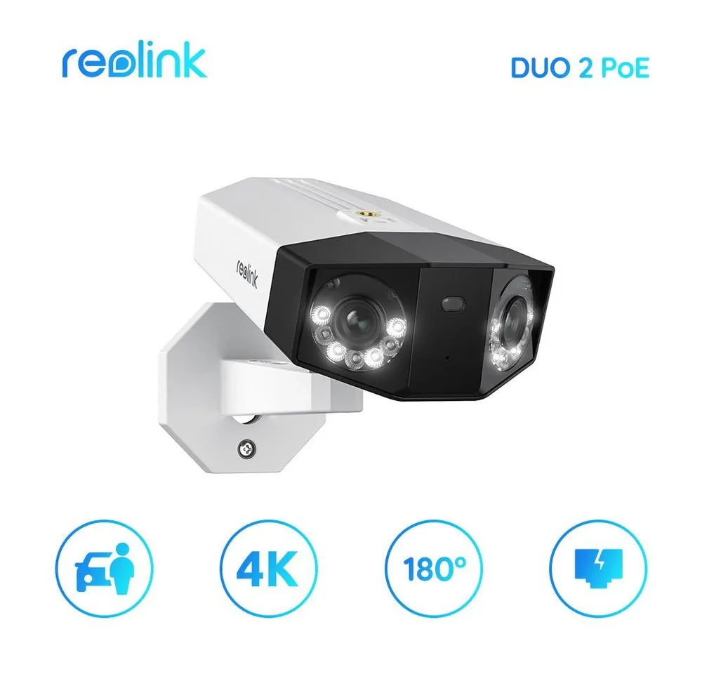Reolink Überwachungskamera Duo 8MP Smarte PoE (Outdoor, Set, Dual-Lens, 180° Sichtwinkel, Person/Fahrzeug/Tier-Erkennung, Farb-Nachtsicht, Zwei-Wege-Audio, Wasserdicht)