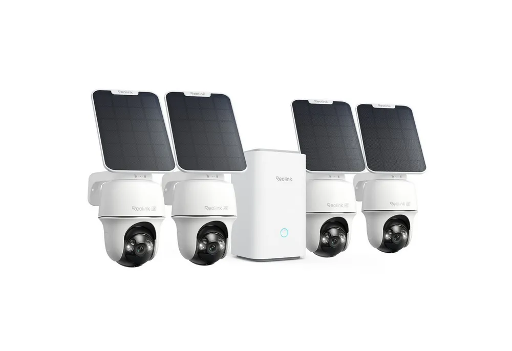 Reolink Überwachungskamera Kabelloses Sicherheitssystem mit 4K PT Akku Argus PT Ultra (AuBenbereich, 4-tlg., 360° Ansicht in 4K,Farbige Nachtsicht mit Reolink Home Hub)