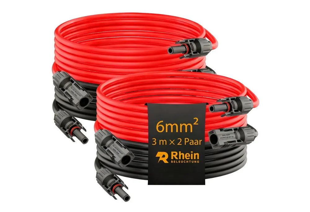 Rhein Beleuchtung PV-Panel Verlängerungskabel 6 mm² (2 Paar) Solarkabel, MC4-Stecker, Für Solarmodule, Wohnmobil & Balkonkraftwerk (300 cm), UV-beständig & wasserdicht mit Solardichtungsring