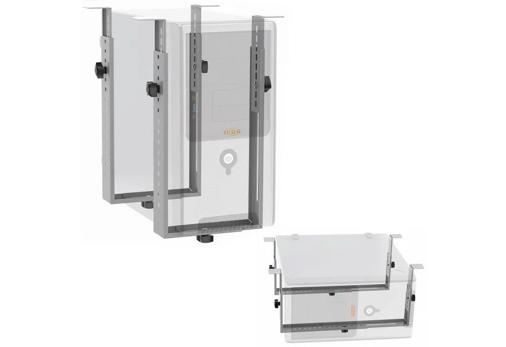 RICOO Halterung PC Halterung unter Schreibtisch flexibel Gaming Büro Tisch TRH02-S, (vertikal oder horizontal Befestigung, 1-tlg., max 35 Kg Rechner Halter für unter den Tisch Desktop flexibel silber, Flexibel an PC Rechner Breite und Höhe anpassbar, je nach Montageart)