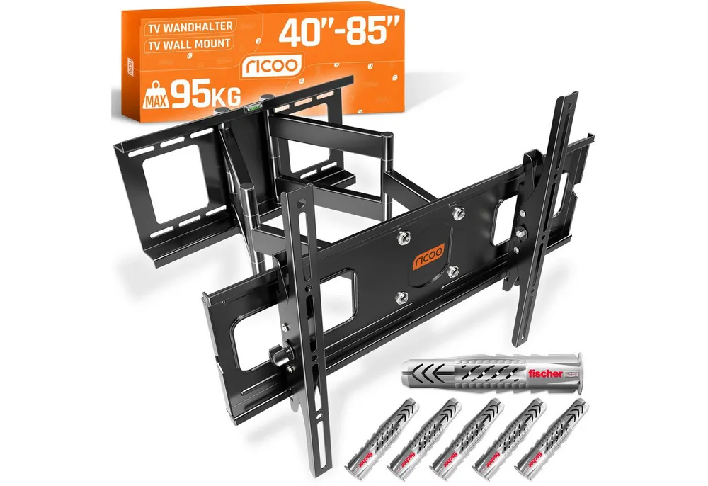 RICOO TV-Wandhalterung Fernseh Halterung 55" 65" 75" 85" max 95 Kg schwenkbar R06-F, (bis 85 Zoll, VESA 200x200 bis 600x400, 1-tlg., inkl. FISCHER® Dübel vollbeweglich ausziehbar 40 Zoll bis 85 Zoll, bis 15° Neigung, bis zu 120° Schwenkung, Fernseher Halter universal)
