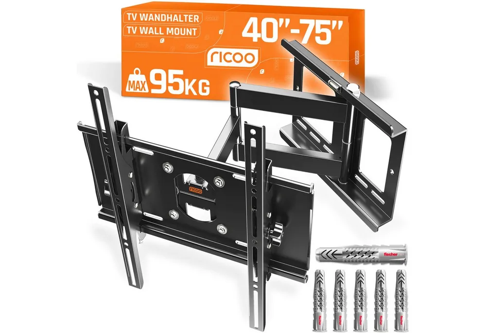 RICOO TV-Wandhalterung TV Wandhalter 47" 50" 55" 65" 75" max 95 Kg schwenkbar R23-F, (bis 75 Zoll, VESA 200x200 bis 400x400, 1-tlg., inkl. FISCHER® Dübel vollbeweglich ausziehbar 40 Zoll bis 75 Zoll, bis 15° Neigung, bis zu 180° Schwenkung, Fernseher Halter universal)