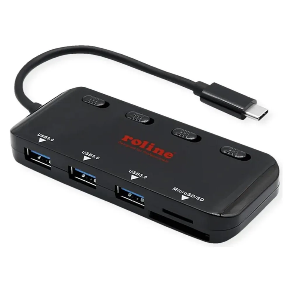 Hub Roline 3 Ports USB 3.2 Gen 1 Type-C mit MicroSD-Leser schwarz 14.02.5059