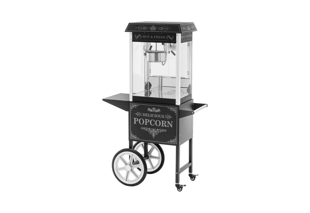 Royal Catering Popcornmaschine 5 kg/h Popcornmaker mit Wagen Retro-Design 195/235°C schwarz Gastro