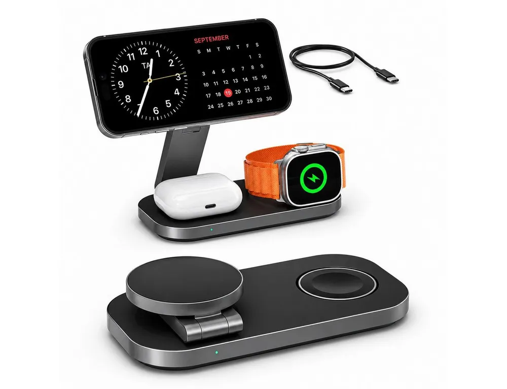 RUHE 3-in-1 Qi2 MagSafe Ladestation 25W für iPhone Watch AirPods Smartphone-Ladegerät (Set, RUHE Ladegeräte, Faltbare 3-in-1 Qi2 Ladestation mit 25W Schnellladen)
