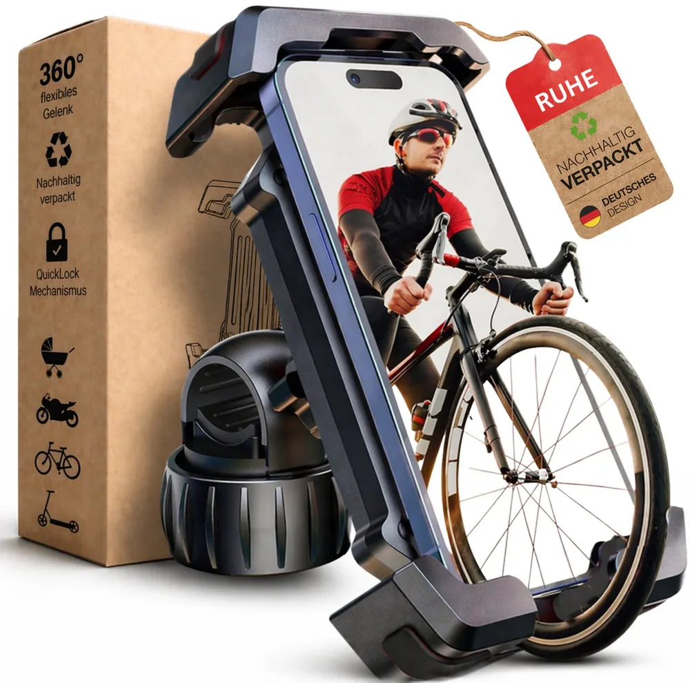 RUHE Handy-Halterung Fahrrad Handyhalterung Motorrad Kinderwagen E-Scooter mit Stoßdämpfer, (bis 8 Zoll, 360° Drehbar EXTREM FEST freie Tasten kompatibel mit iPhone Samsung, 1-tlg., Universal, Smartphone-Halterung Handyhalter Lenker Kameraschutz, Wetterfest Feste Handyhalterung E-Scooter Fahrrad Motorrad Kinderwagen)