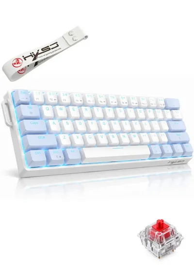 RUHE Mechanische Gaming Tastatur 60% kabelgebunden QWERTY Red Switches Gaming-Tastatur (Kurz 61 Tasten leise [ENG Layout] Plug & Play für PC PS4 Xbox Weiß)