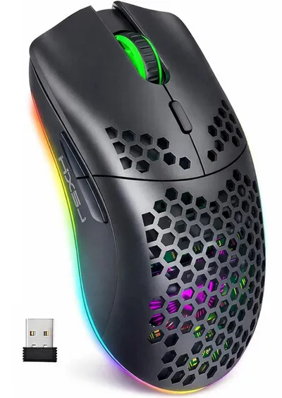 RUHE RGB Gaming Maus Kabellos Wireless Laut Maus Beleuchtung Plug & Play Gaming-Maus (Funk, 2.5G, USB-Dongel, Kabelgebunden Aufladbar, Drahtlos, Optische Maus, 3600 dpi, 10M Einstellbar DPI Schwarz Weiß 6 Tasten für Laptop/PC/Mac/Computer)