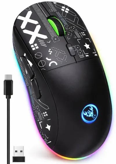 RUHE RGB Gaming Maus Kabellos Wireless Leise Maus Beleuchtung Plug & Play Gaming-Maus (Bluetooth, Funk, kabelgebunden, 3 Geräte Verbindung, Drahtlos, Optische Maus, 3600 dpi, 10M Einstellbar DPI Schwarz Weiß 6 Tasten für Laptop/PC/Mac/Computer)