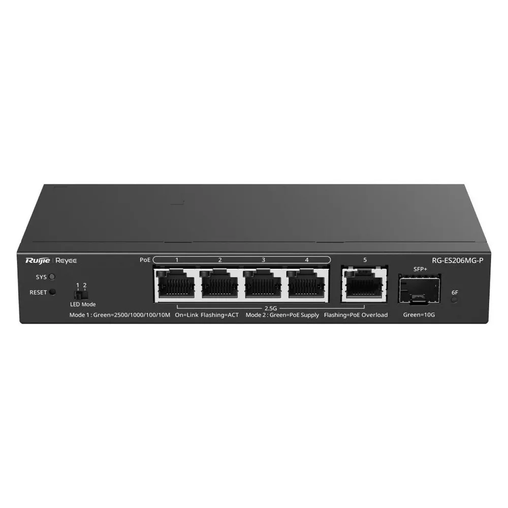 Switch Ruijie Reyee Layer 2 Cloud Managed 5x MultiGigabit PoE 1x SFP+ 10Gbps Schwarz