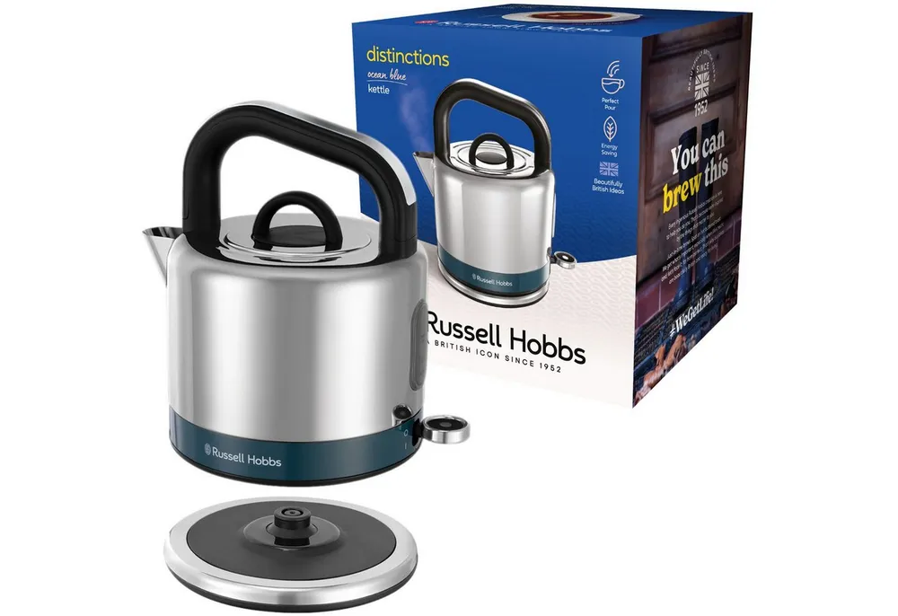 RUSSELL HOBBS Wasserkocher Distinctions Wasserkocher 1,5L 2400W Edelstahl, 1.5 l, 2400 W, Kettle Teekocher Retro Kalkfilter Schnellkochfunktion Ergonomisch