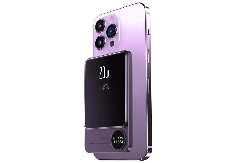 S&T Design Magnetisch Powerbank Magsafe kompatibel Kabellos Externer Akku Powerbank 20W PD 5000 mAh (5 V), Wireless LED Statusanzeige Schnellladefunktion