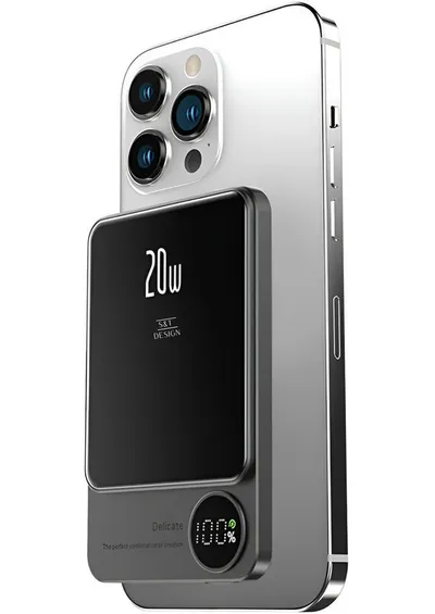 S&T Design Magnetisch Powerbank Magsafe kompatibel Kabellos Externer Akku Powerbank 20W PD 5000 mAh (5 V), Wireless LED Statusanzeige Schnellladefunktion