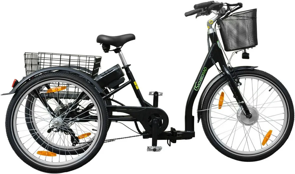 SachsenRAD E-Bike Lastenrad T3A mit Alarmanlage, 7 Gang Shimano Shimano 7-Gang-Kettenschaltung Schaltwerk, Kettenschaltung, Frontmotor, 470 Wh, (LED-Frontlicht, Alarmrücklicht mit Bremslicht, Ledersattel, 3-Räder), Lastenkorb, Lenkerkorb, LCD-Steuer- display, Fahrmodus Pedelec