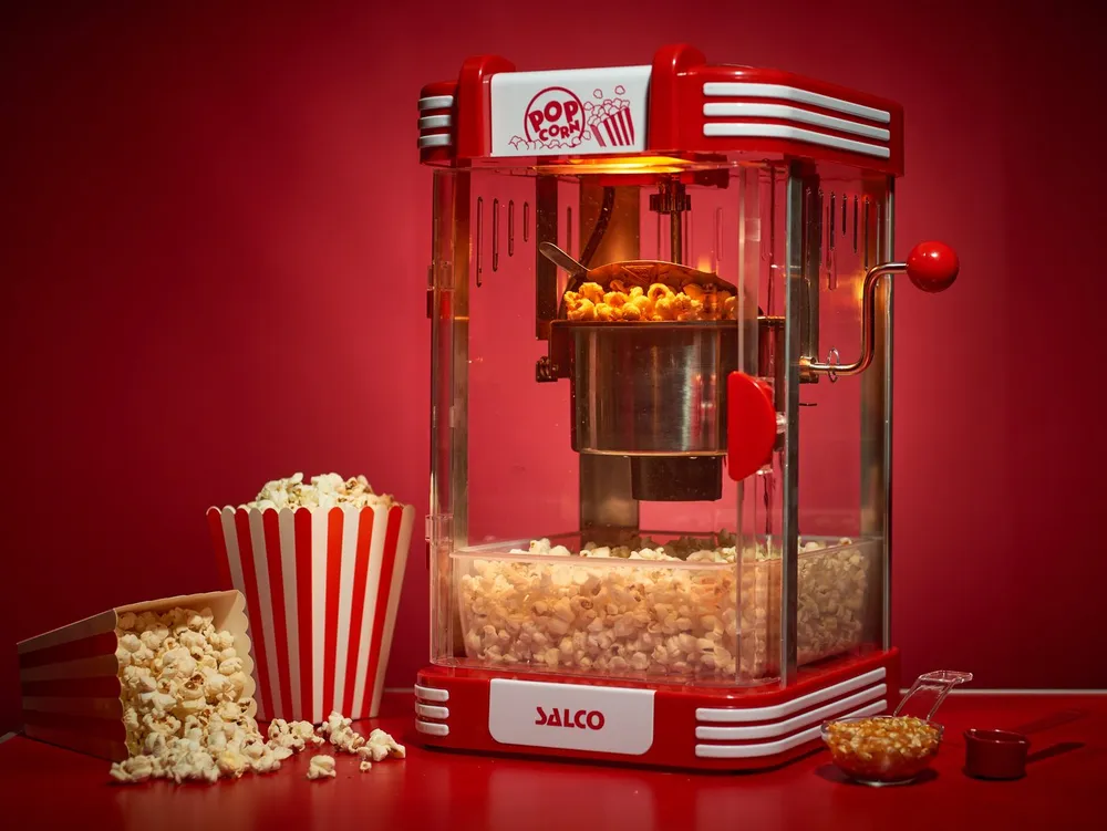 SALCO Popcornmaschine SNP-24, Edelstahlkessel, Eingebautes Rührsystem, inkl. Popcorn-Schale