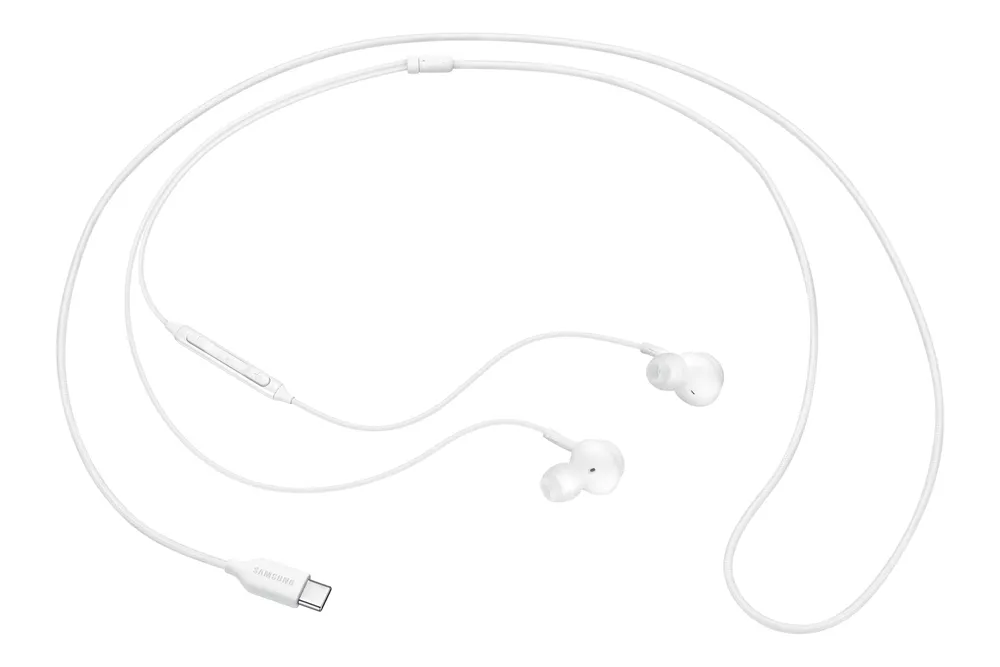 Auriculares Samsung cableados blancos con micrófono y conexión USB para llamadas y música