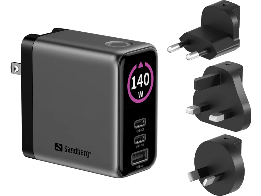 Ladegerät USB Sandberg Travel Charger PD140W Display 3 Anschlüsse
