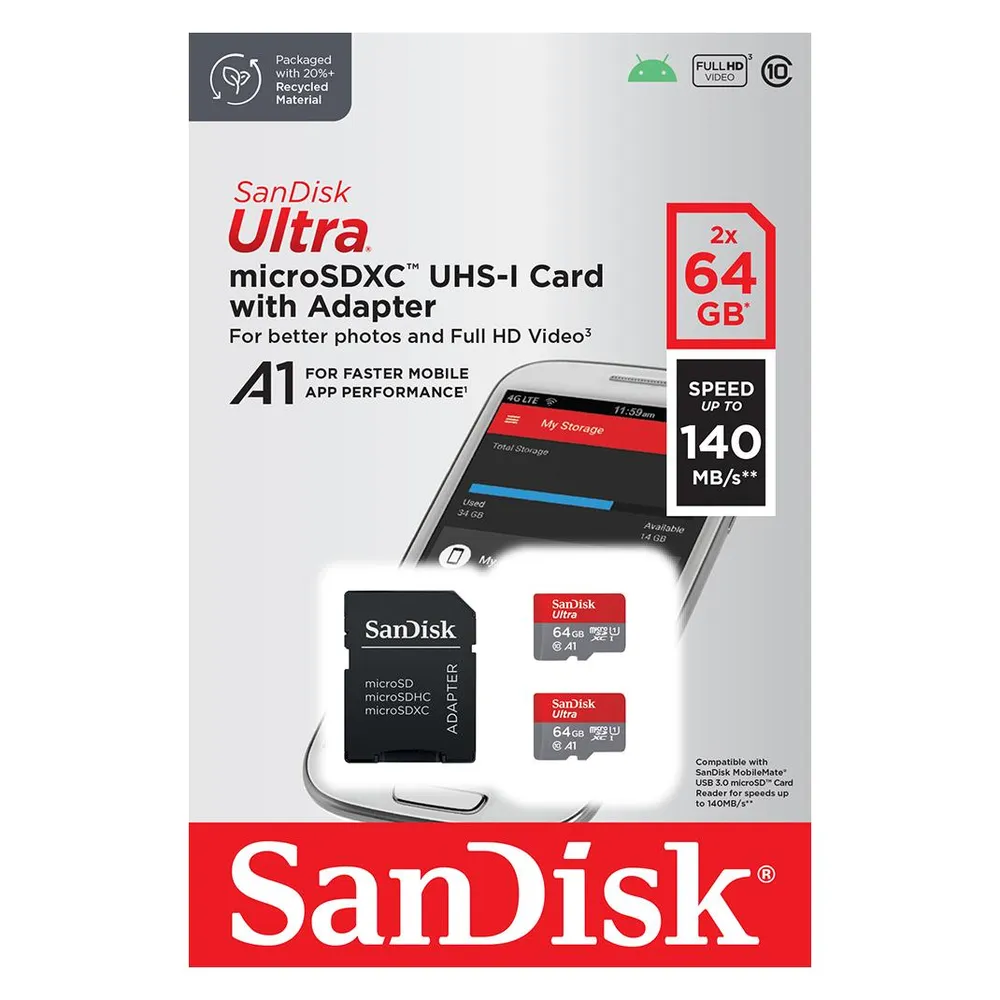 Sandisk Ultra mit Adapter (2-Pack) (64 GB, microSDXC, U1, UHS-I)