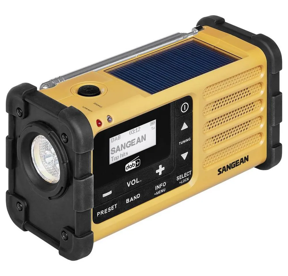 Sangean MMR-88 DAB+ Outdoorradio DAB+, UKW Notfallradio Akku-Ladefunktion, Radio (Akku-Ladefunktion, Taschenlampe, Solarpanel, Handkurbel)