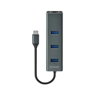 Savio USB-C Hub SAVAK-57 Aluminium 3x USB 3.1 1x RJ45 5Gbps Schwarz/Grau