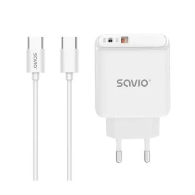 Ladegerät Savio LA-10 30W Weiß USB-A USB-C Schnellladung 1m Kabel