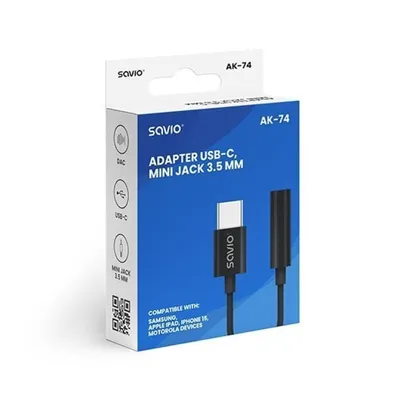 Savio AK-74 USB-C auf 3,5-mm-Klinkenstecker DAC-Adapter, Hi-Fi-Audio, Schwarz, 36 Monate Garantie
