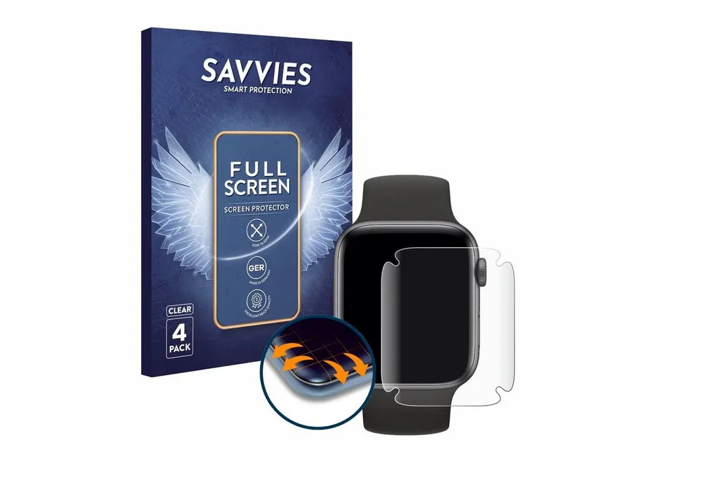 Savvies Displayschutzfolie Fullscreen Schutzfolie für Apple Watch SE (44 mm), 4 Stück, Displayschutz Folie Fullcover Klar Transparent